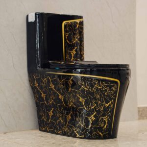 One Piece Toilet Black And Gold Design