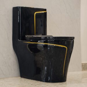 One Piece Toilet  Black And Gold Design (Round)