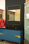 Navy Blue Vanity Cabinet Gold Handles with Black Basin and Mirror