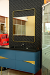 Navy Blue Vanity Cabinet Gold Handles with Black Basin and Mirror
