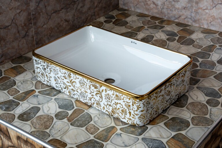 Rectangular Countertop Basin Gold Floral Pattern