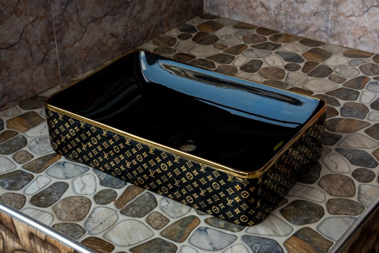 Rectangular Countertop Basin Black Gold Pattern