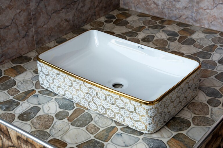 Rectangular Countertop Basin White Gold Mosaic