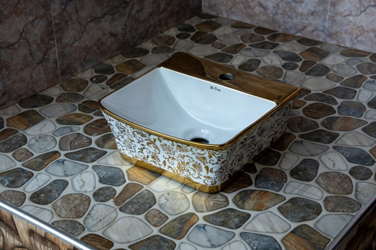 Rectangular Countertop Basin Gold Mosaic Rim