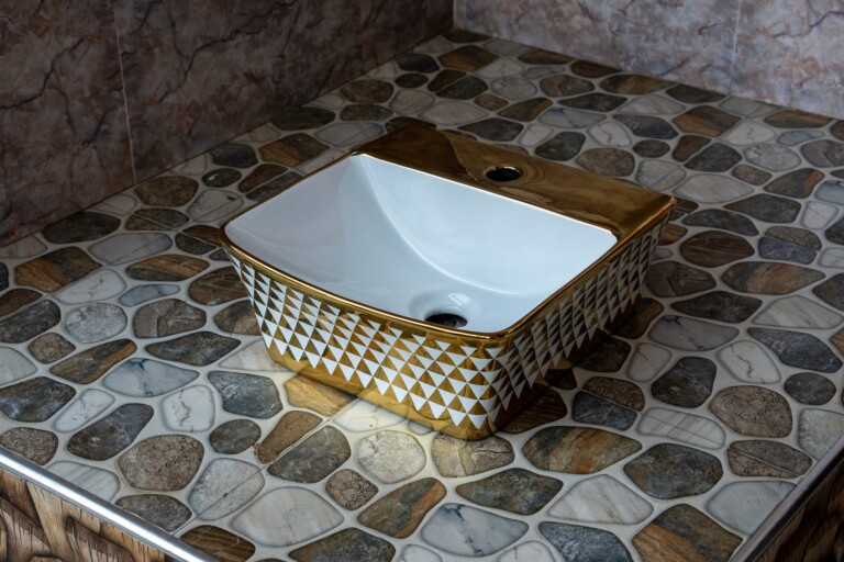 Square Countertop Basin Gold Diamond Pattern