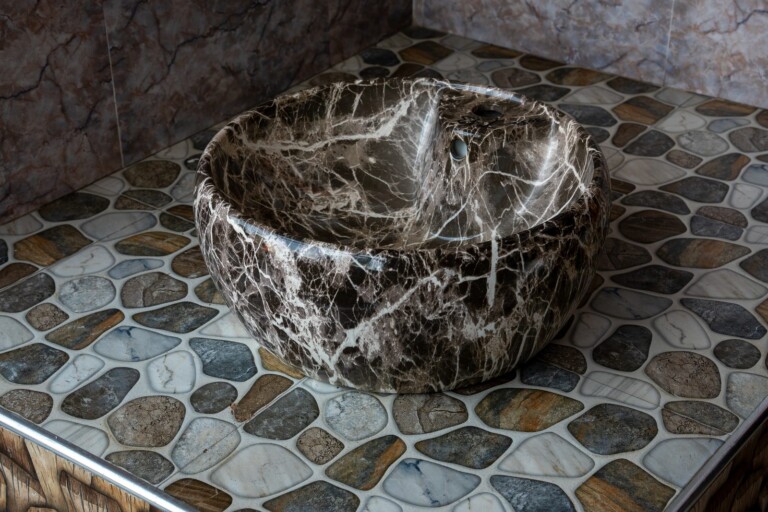 Round Countertop Basin Dark Brown Marble Effect