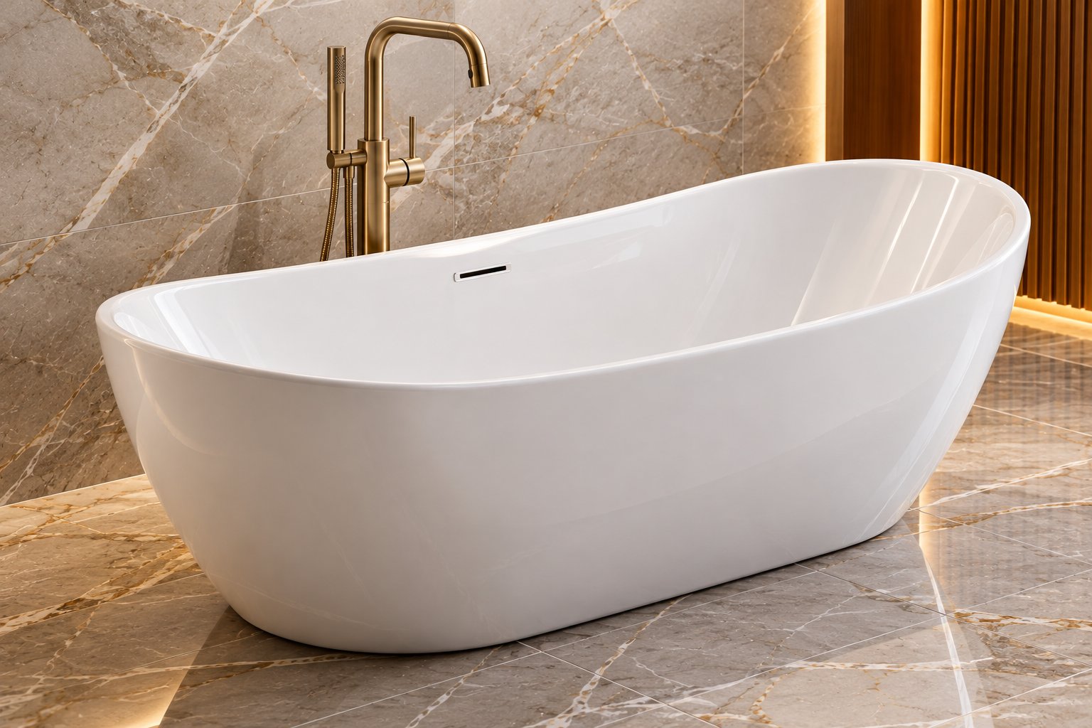 White freestanding bathtub with gold mixer tap