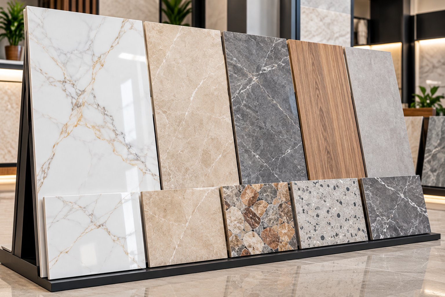Porcelain and marble floor tiles on display racks at Esencia Ceramics