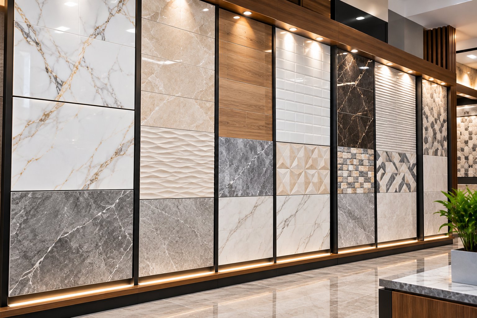 Ceramic wall tile display boards in the Esencia showroom