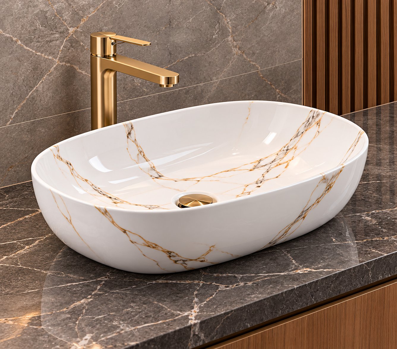 Oval marble countertop basin with gold mixer tap