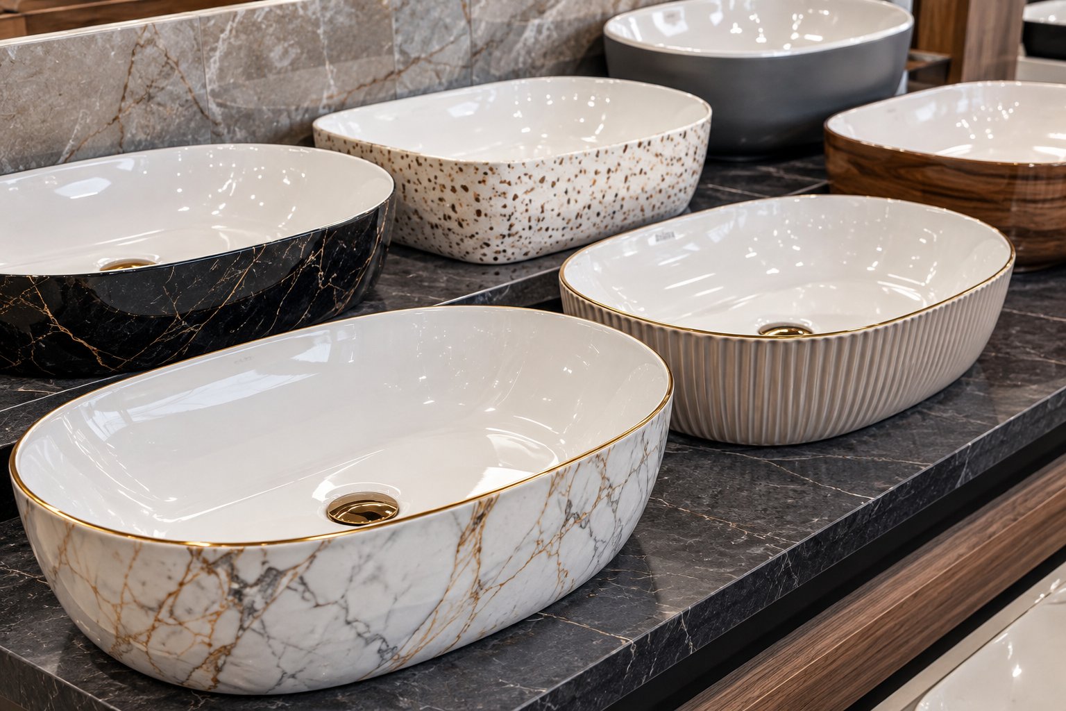 Designer countertop basins on a marble counter