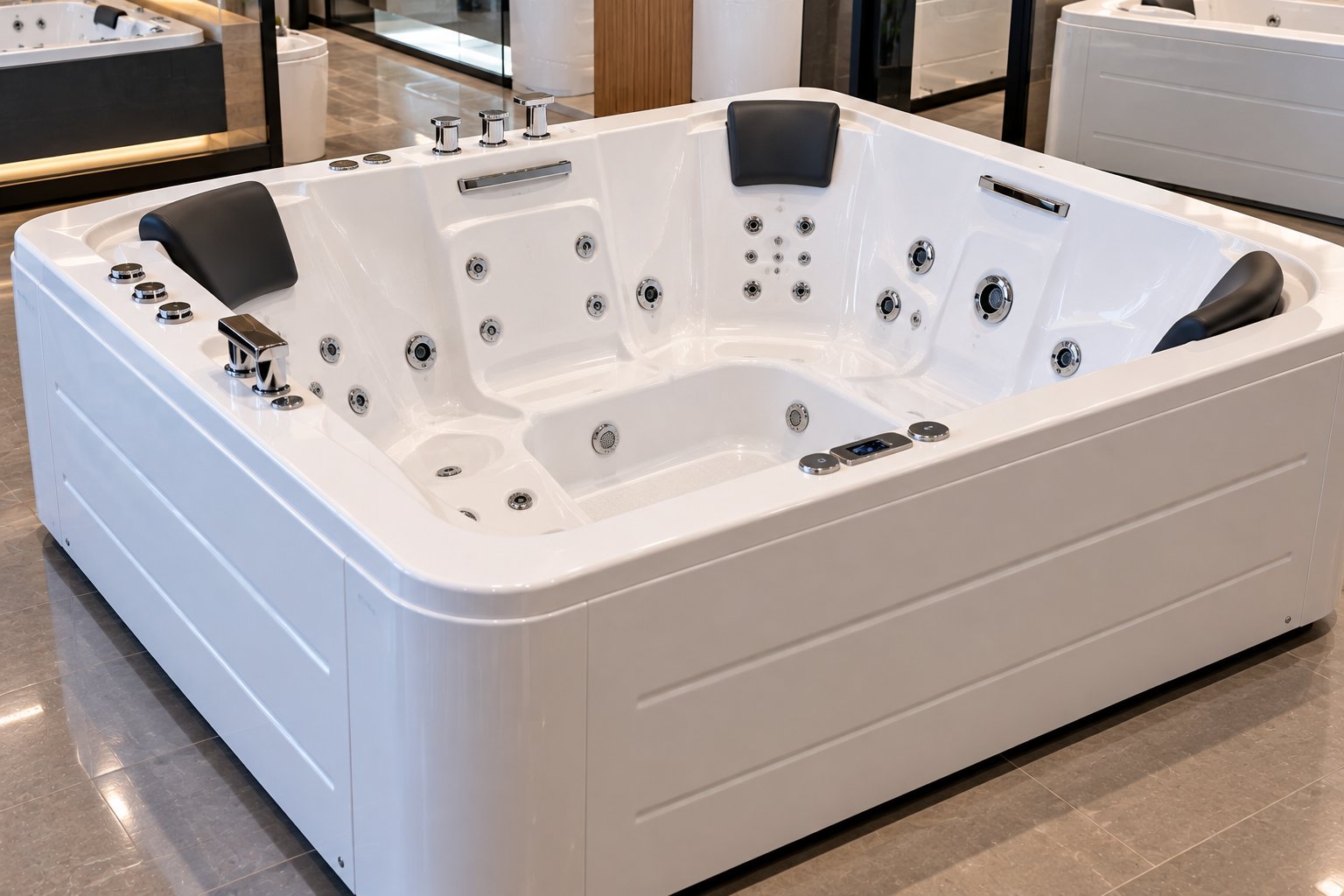 White jacuzzi bathtub in the Esencia showroom
