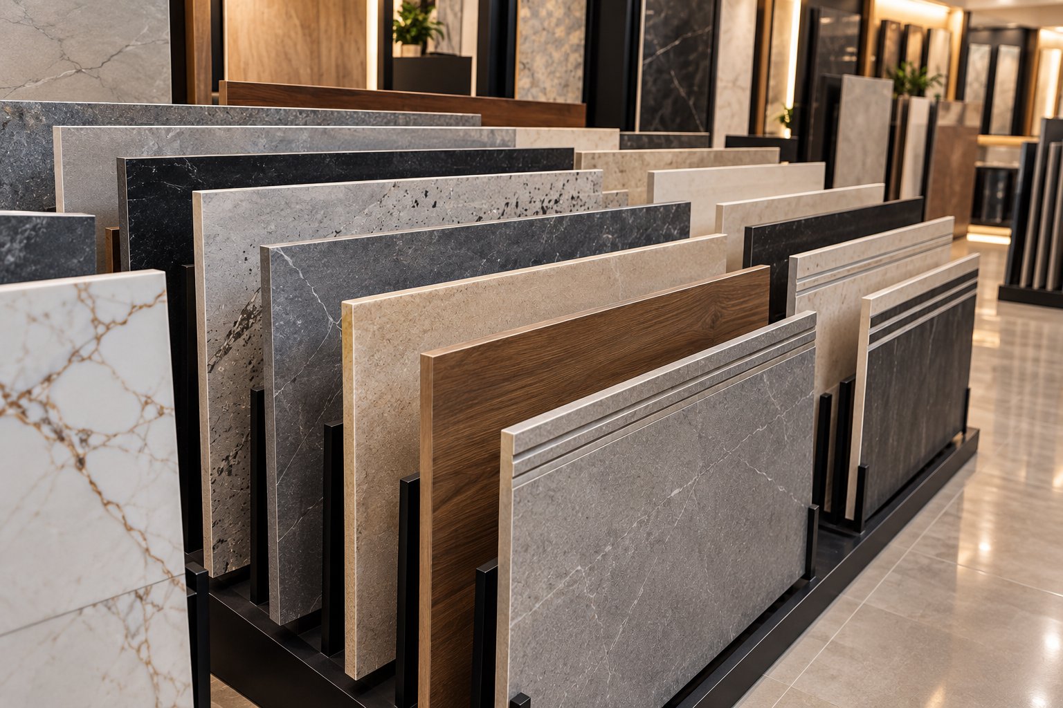 Step riser tiles in marble and wood finishes on display