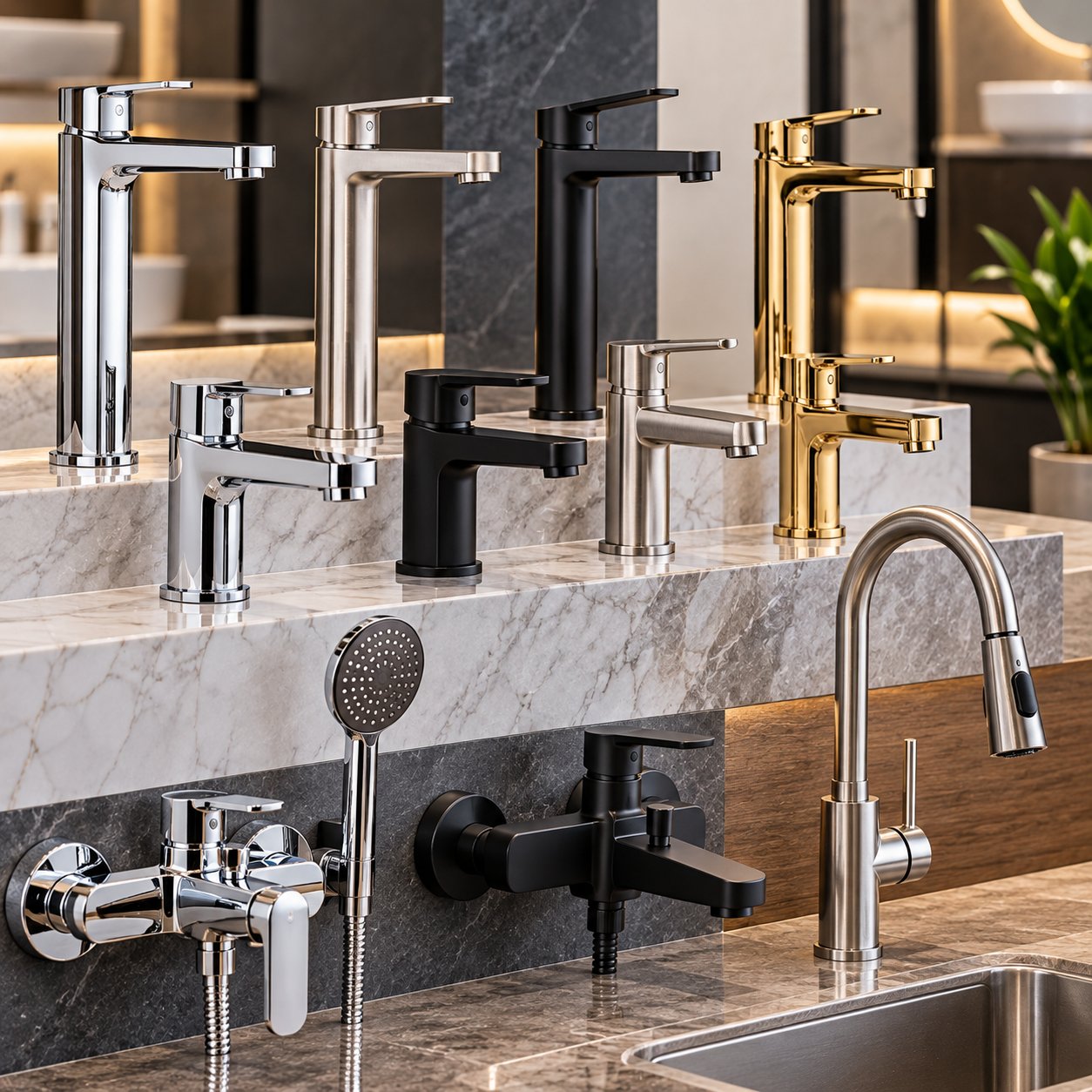 Chrome, black and gold basin mixer taps on display
