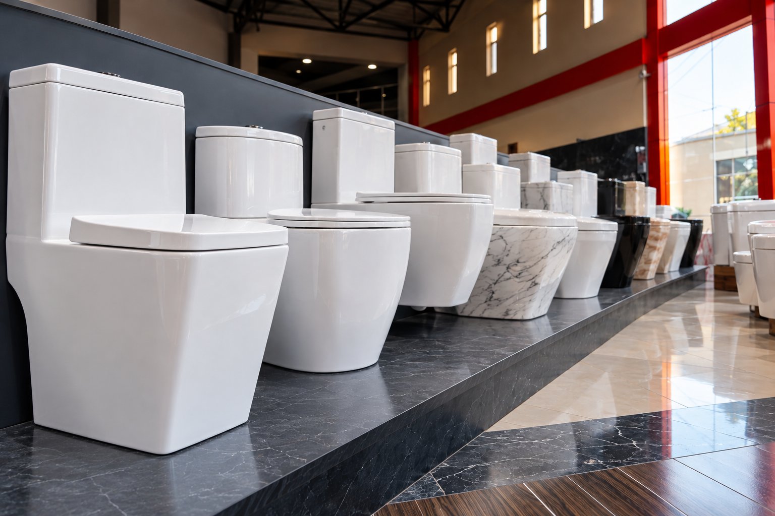Toilets and cisterns on display at Esencia Ceramics