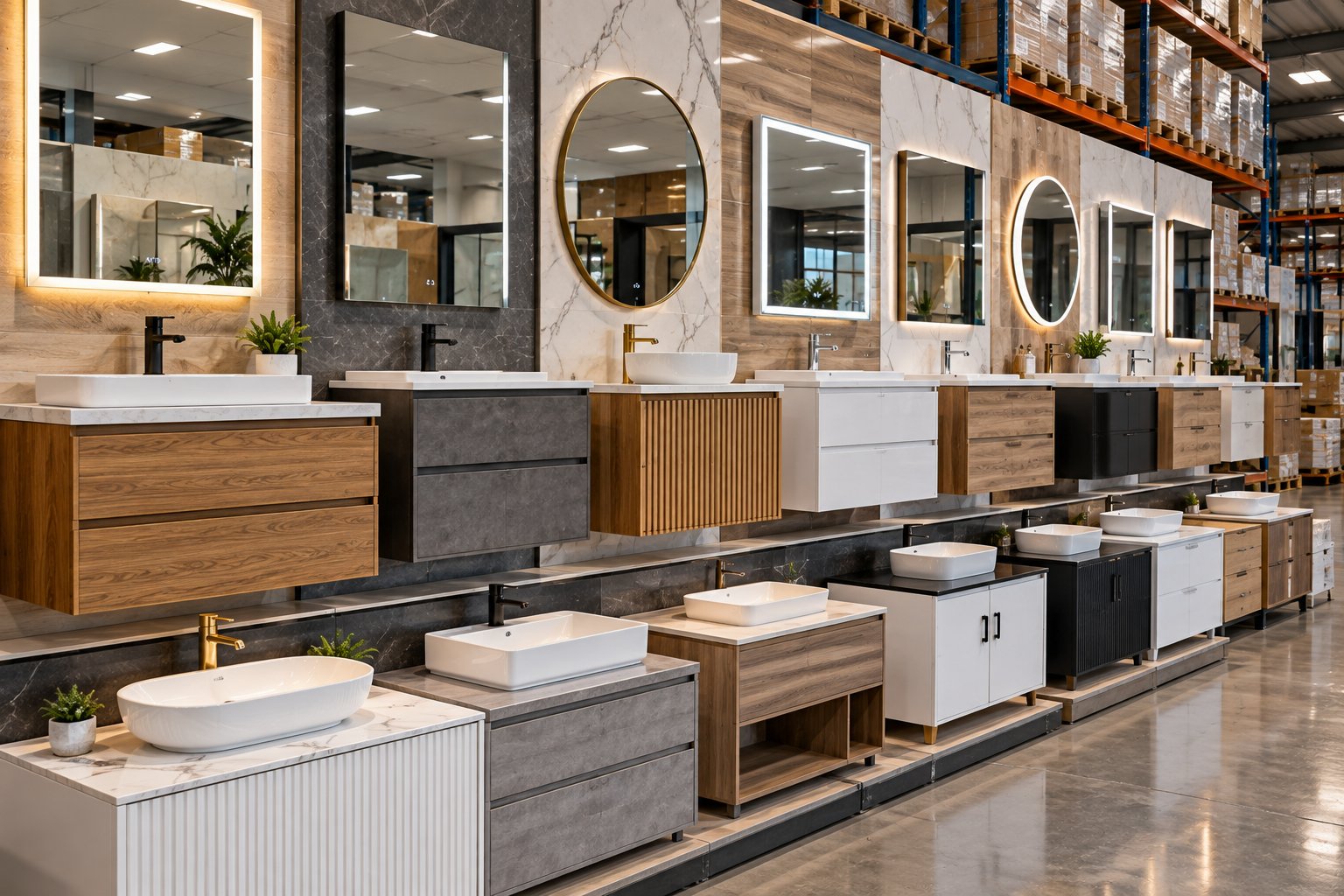 Vanity units and mirrors on display at Esencia Ceramics